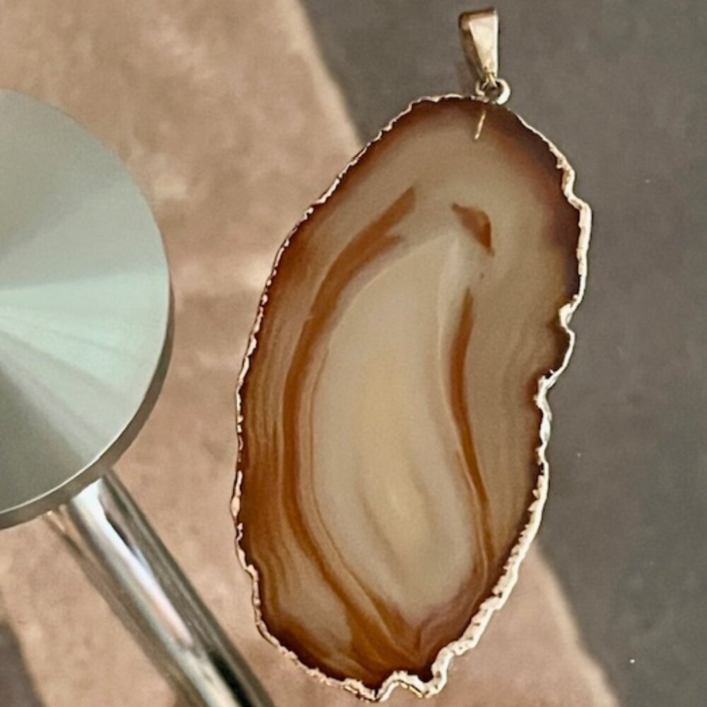 SOLD Polished Natural Agate Geode Slab slice Beige Brown Quartz Stone Pendant - Picture 1 of 7